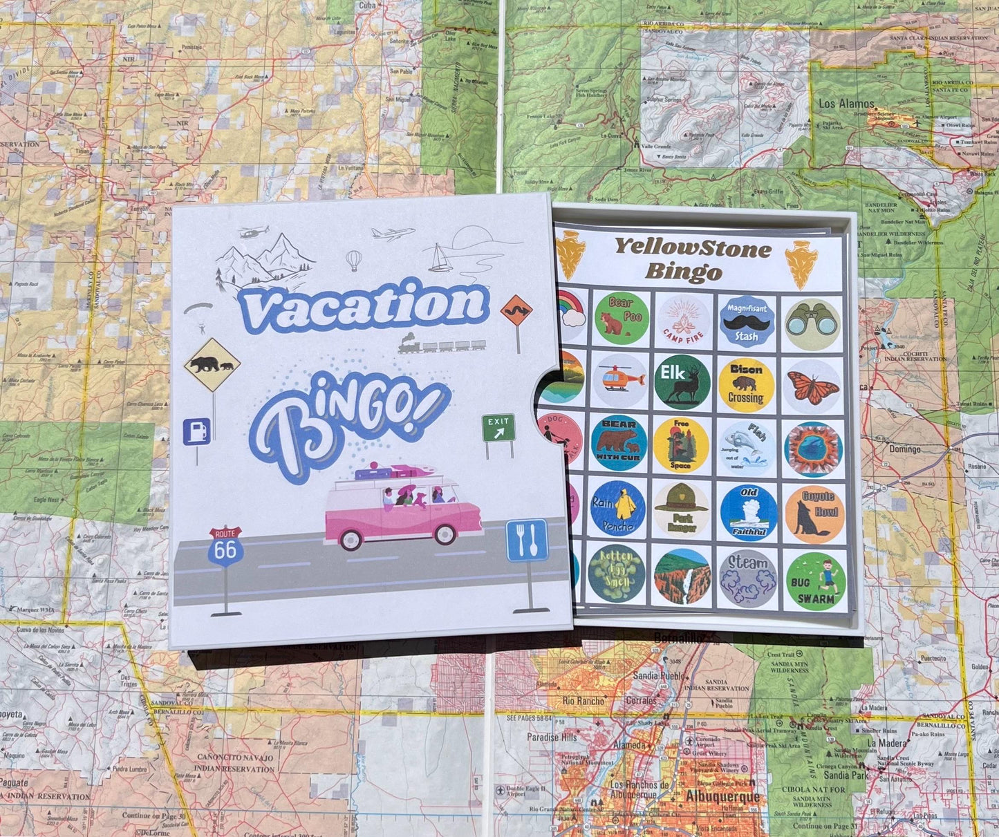 Vacation Bingo Travel Game Yellowstone edition with hard sided case and 12 unique game cards. Great Summer Family Vacation.