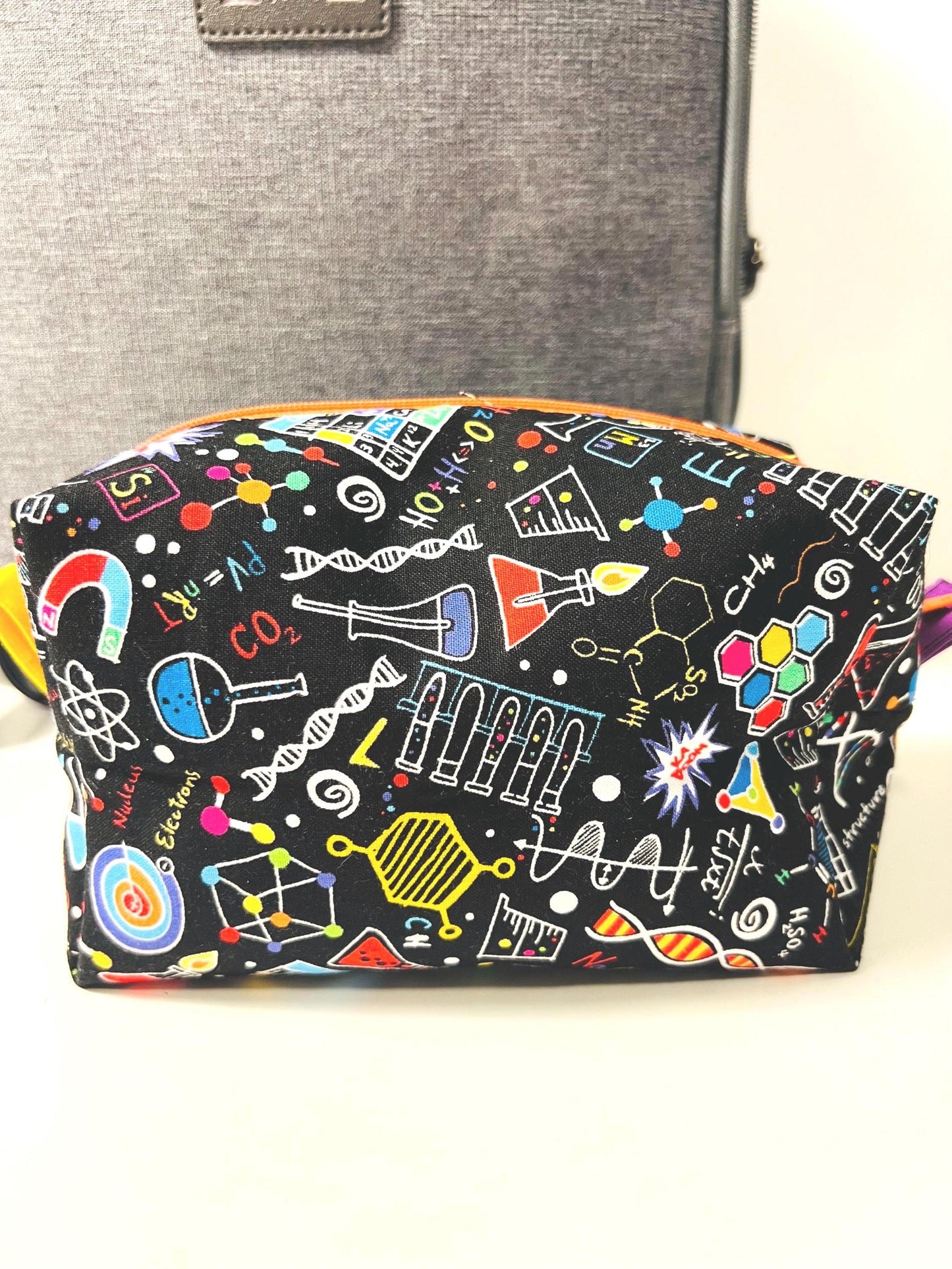 Soft sided storage bag, Theme: science, STEM, laboratory, Chemistry, DNA, atom. Great for travel.