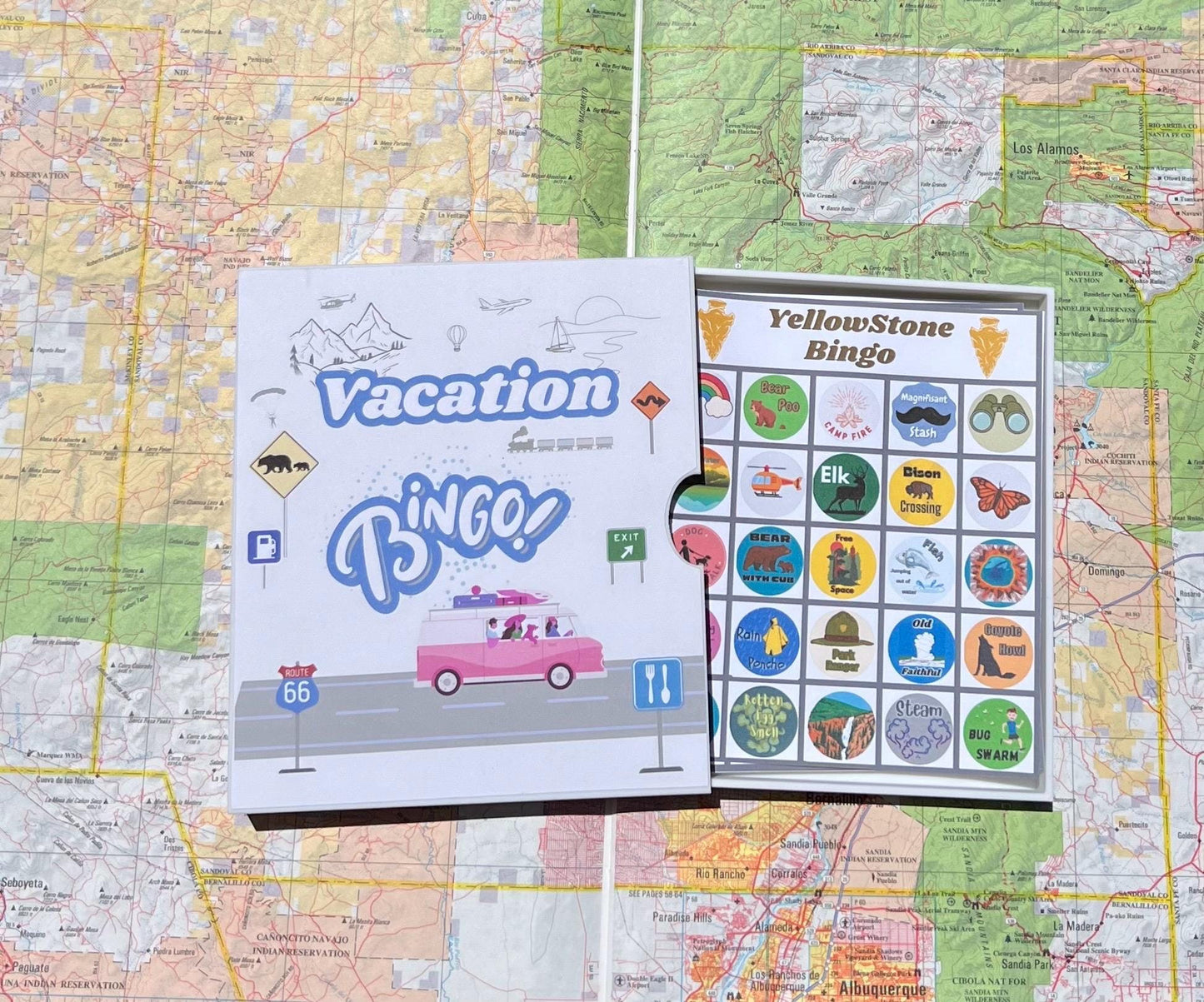 Vacation Bingo Travel Game Yellowstone edition with hard sided case and 12 unique game cards. Great Summer Family Vacation.