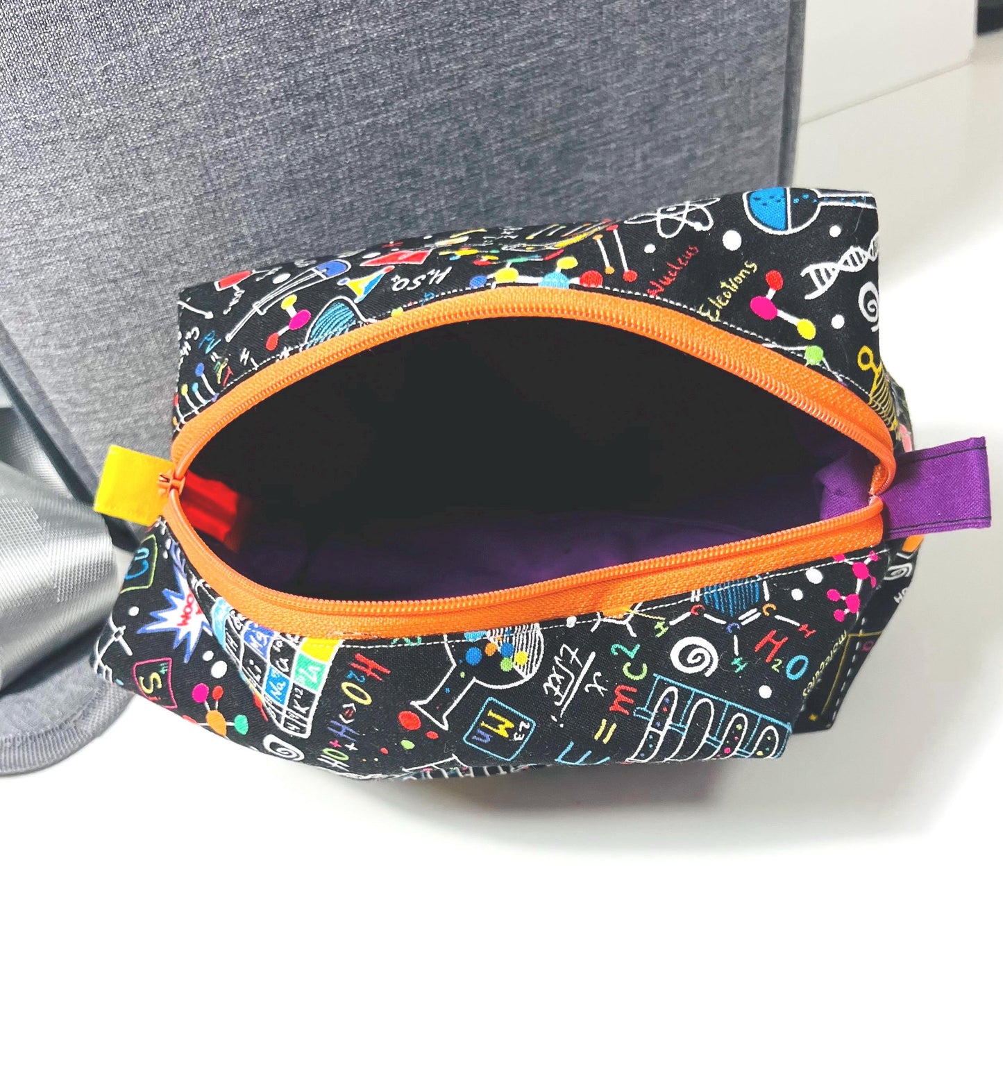 Soft sided storage bag, Theme: science, STEM, laboratory, Chemistry, DNA, atom. Great for travel.