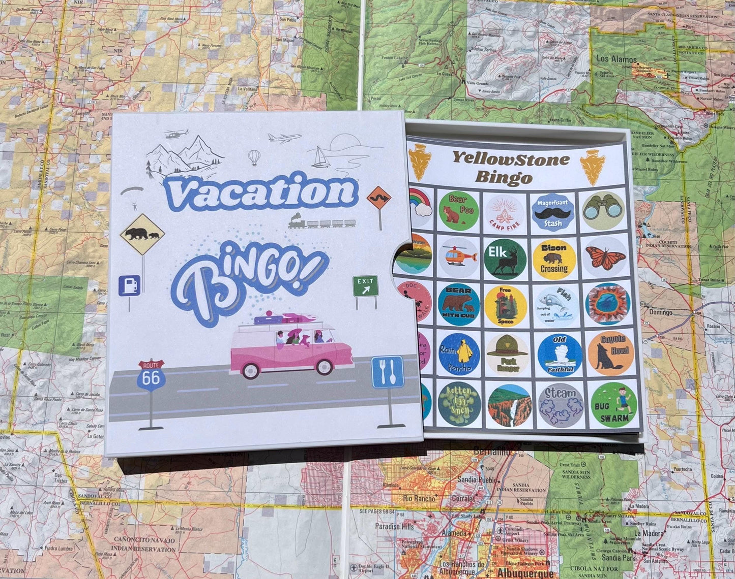 Vacation Bingo Travel Game Yellowstone edition with hard sided case and 12 unique game cards. Great Summer Family Vacation.