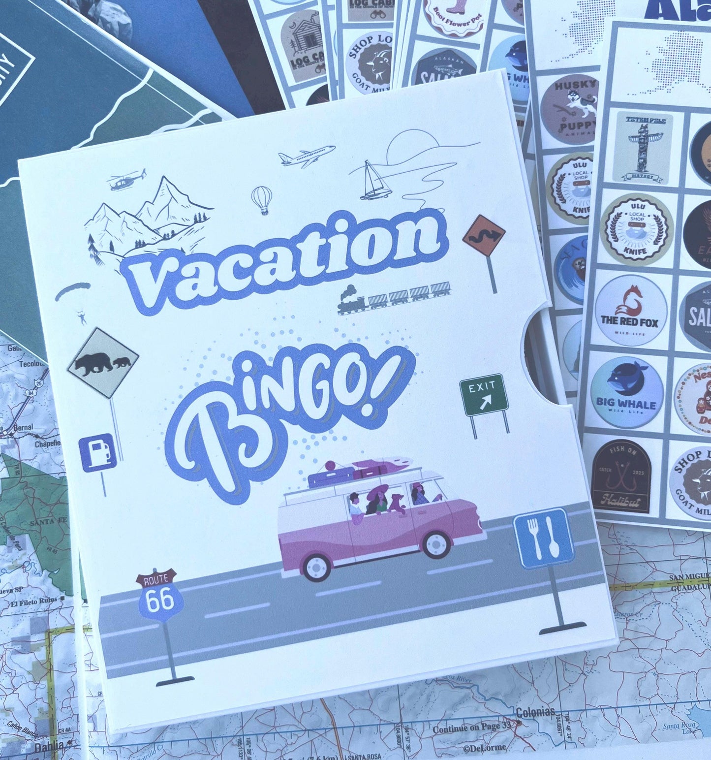 Vacation Bingo Travel Game Alaska edition with hard sided case and 12 unique game cards. Great Summer Family Vacation for Adults and Kids.