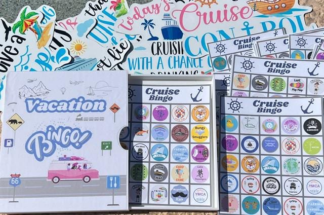 Vacation Bingo Travel Game Cruise edition with hard sided case and 12 unique game cards. Great Summer Family Vacation for Adults and Kids.