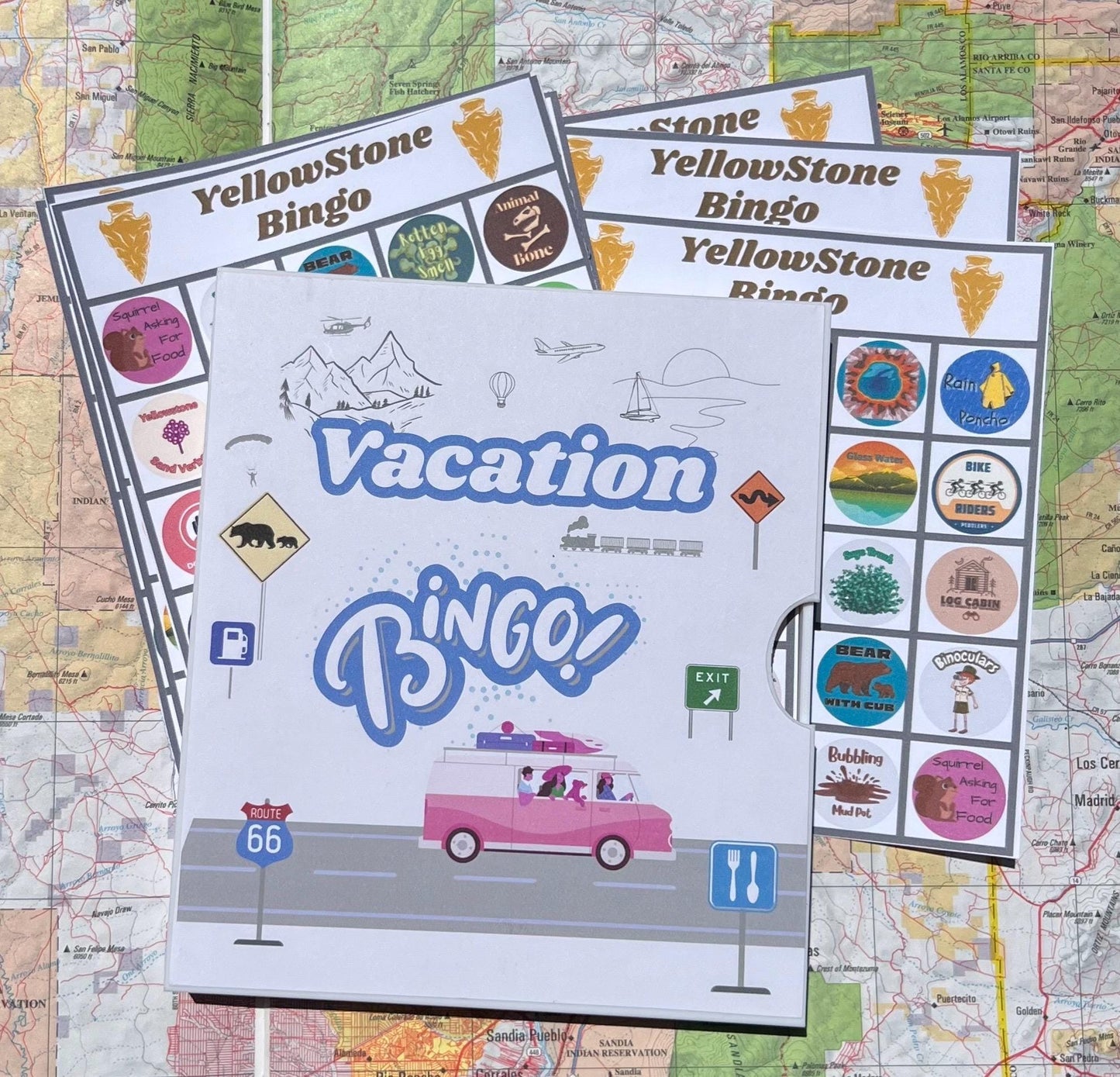 Vacation Bingo Travel Game Yellowstone edition with hard sided case and 12 unique game cards. Great Summer Family Vacation.