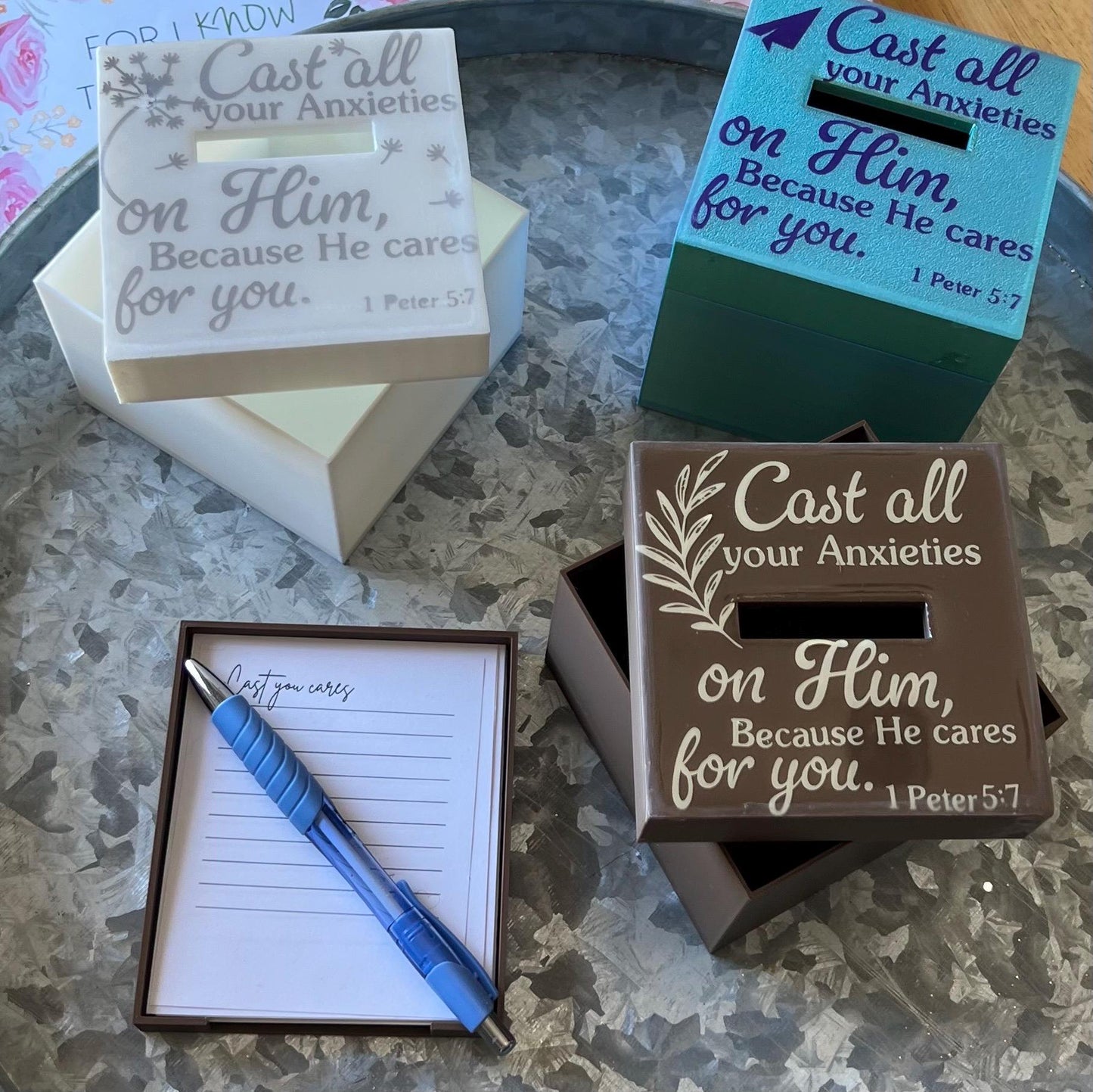 Cast Your Cares β Prayer Box: Write, release, and reflect. A beautiful way to surrender worries, trust in faith, and see God move.