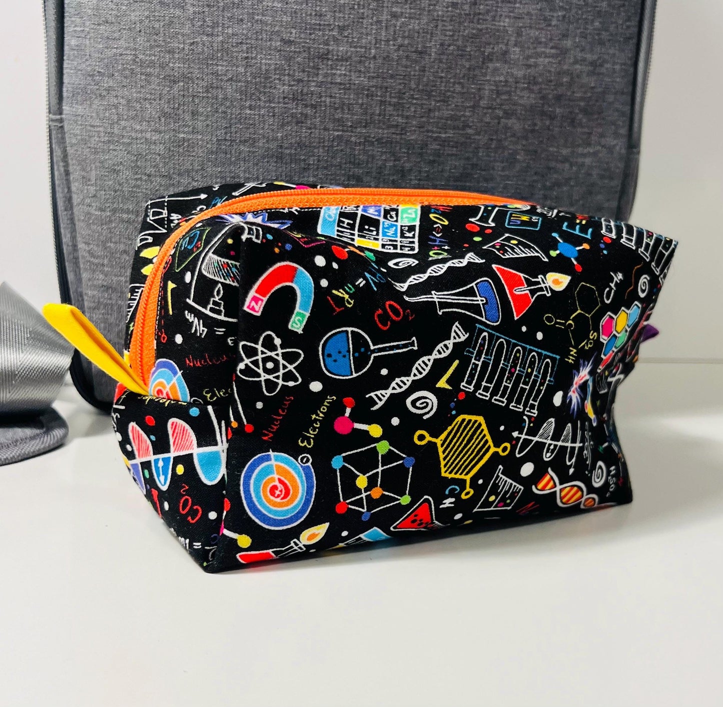 Soft sided storage bag, Theme: science, STEM, laboratory, Chemistry, DNA, atom. Great for travel.