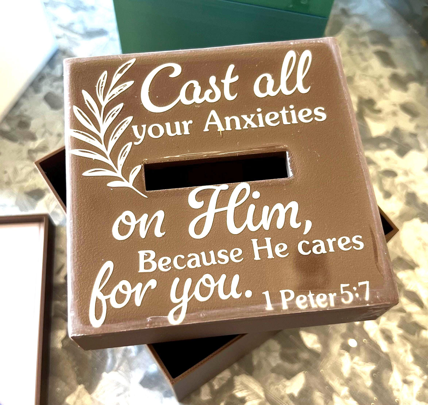 Cast Your Cares β Prayer Box: Write, release, and reflect. A beautiful way to surrender worries, trust in faith, and see God move.