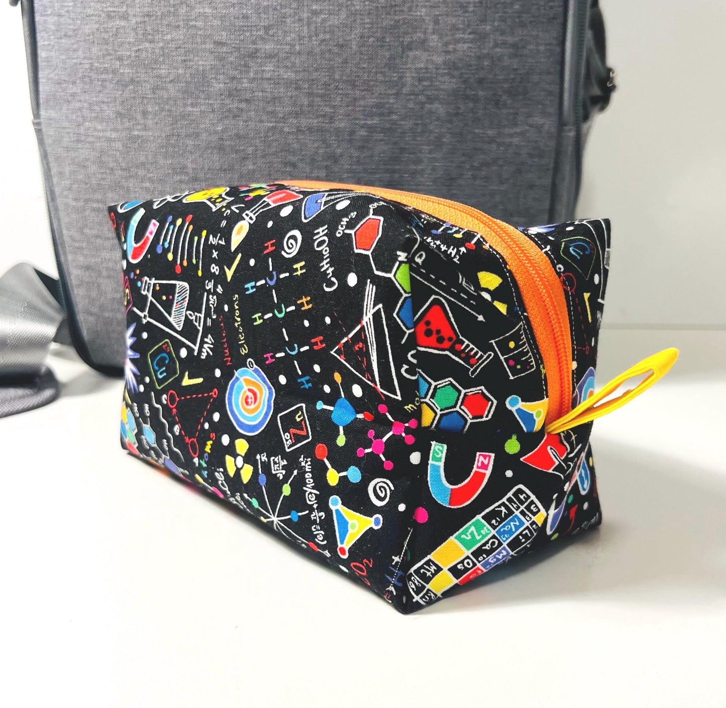 Soft sided storage bag, Theme: science, STEM, laboratory, Chemistry, DNA, atom. Great for travel.