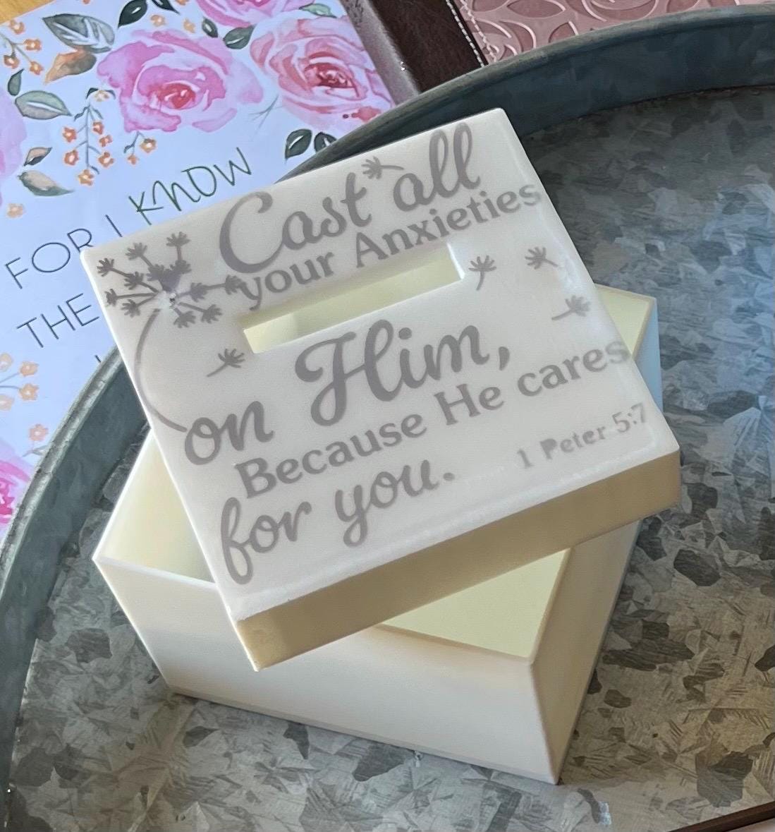 Cast Your Cares β Prayer Box: Write, release, and reflect. A beautiful way to surrender worries, trust in faith, and see God move.