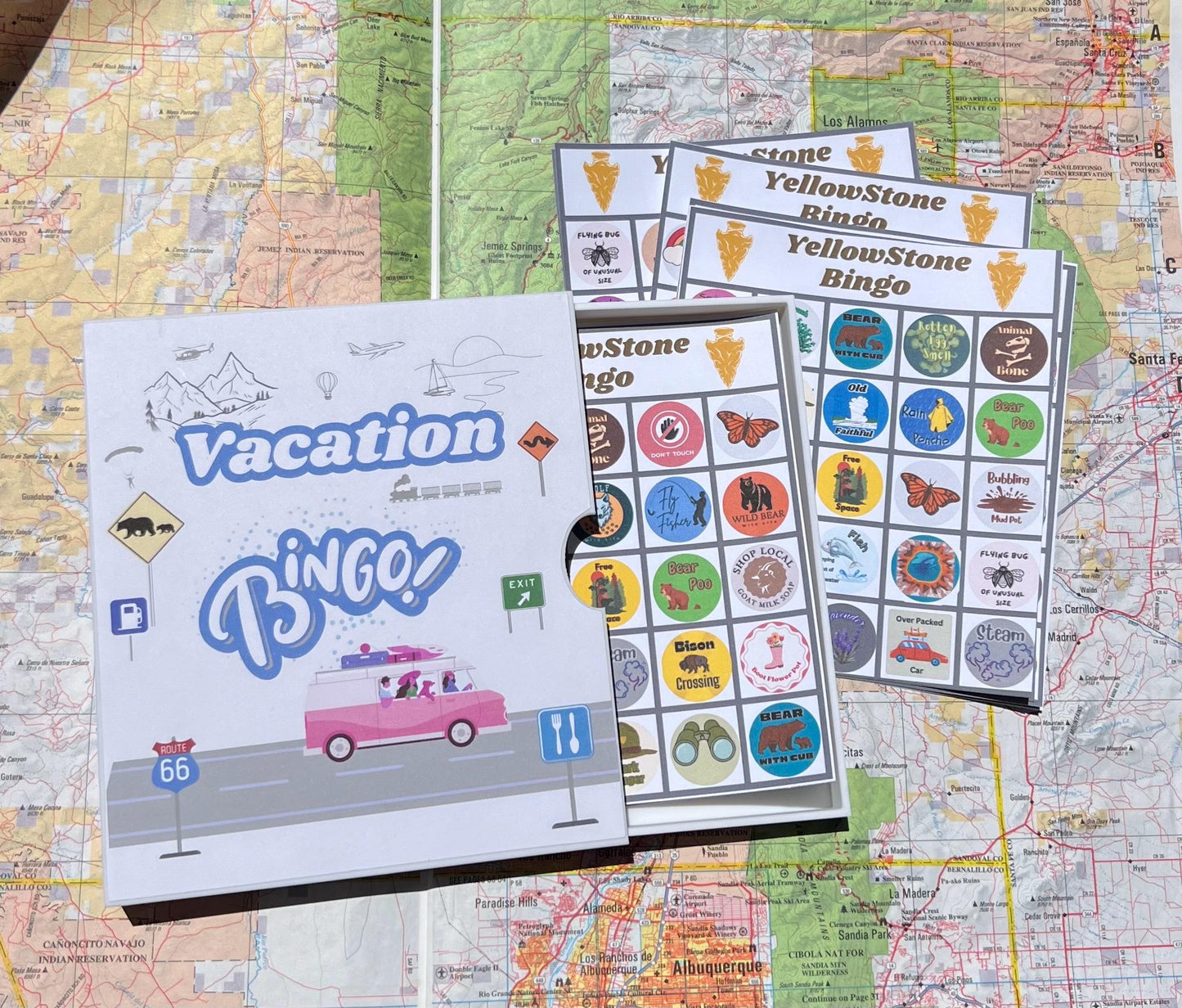 Vacation Bingo Travel Game Yellowstone edition with hard sided case and 12 unique game cards. Great Summer Family Vacation.