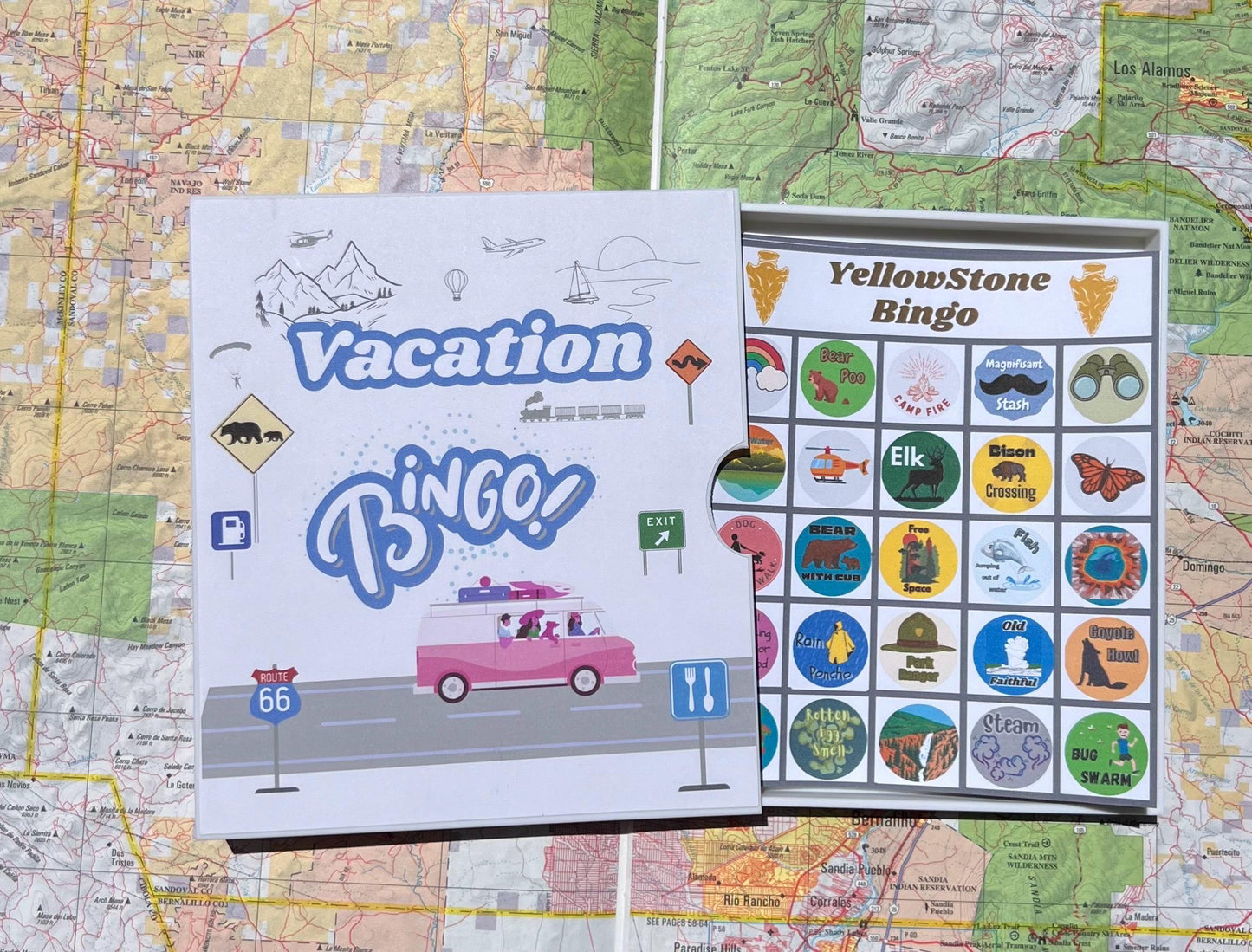 Vacation Bingo Travel Game Yellowstone edition with hard sided case and 12 unique game cards. Great Summer Family Vacation.