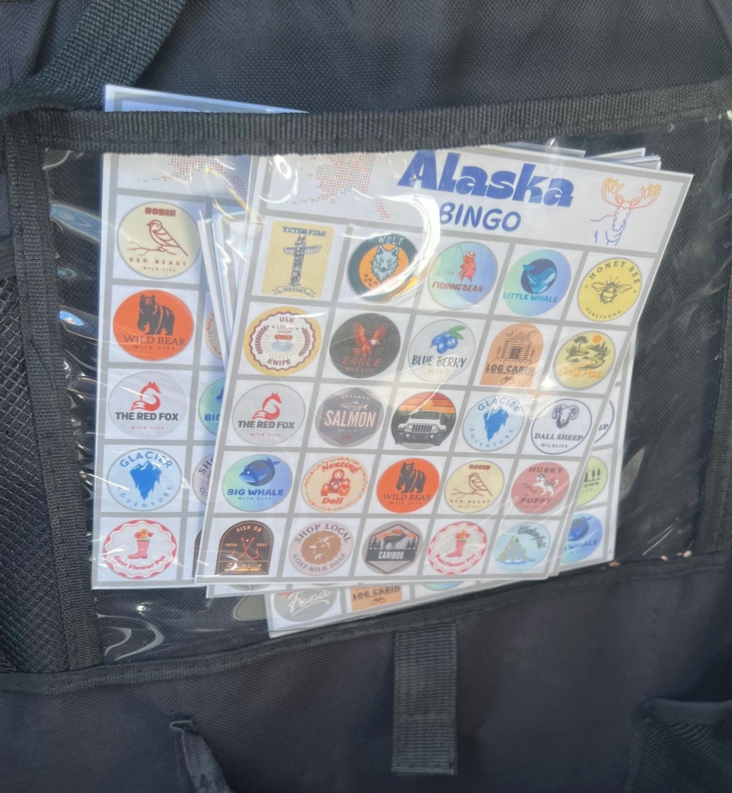 Vacation Bingo Travel Game Alaska edition with hard sided case and 12 unique game cards. Great Summer Family Vacation for Adults and Kids.