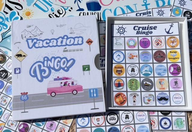Vacation Bingo Travel Game Cruise edition with hard sided case and 12 unique game cards. Great Summer Family Vacation for Adults and Kids.