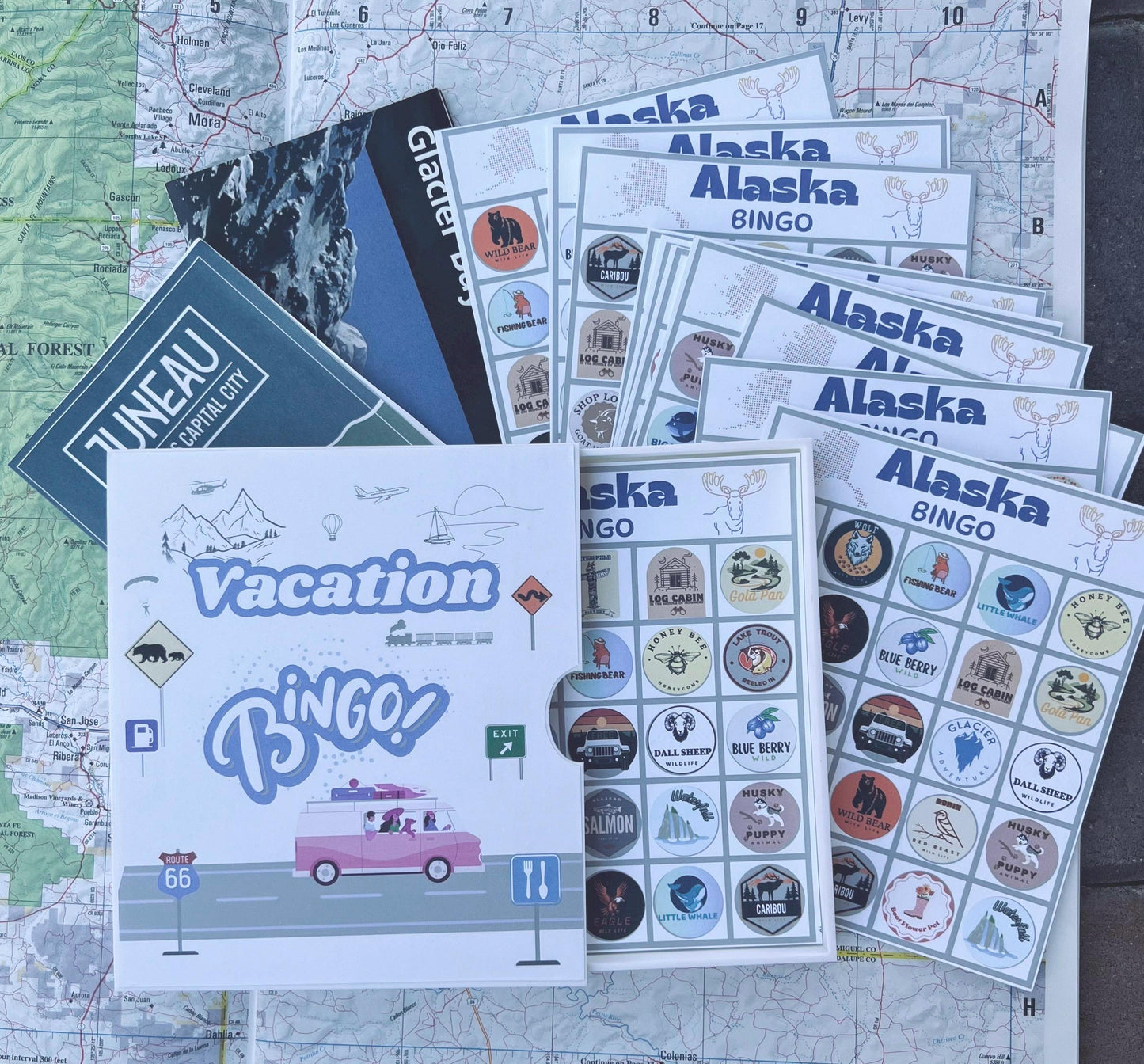 Vacation Bingo Travel Game Alaska edition with hard sided case and 12 unique game cards. Great Summer Family Vacation for Adults and Kids.