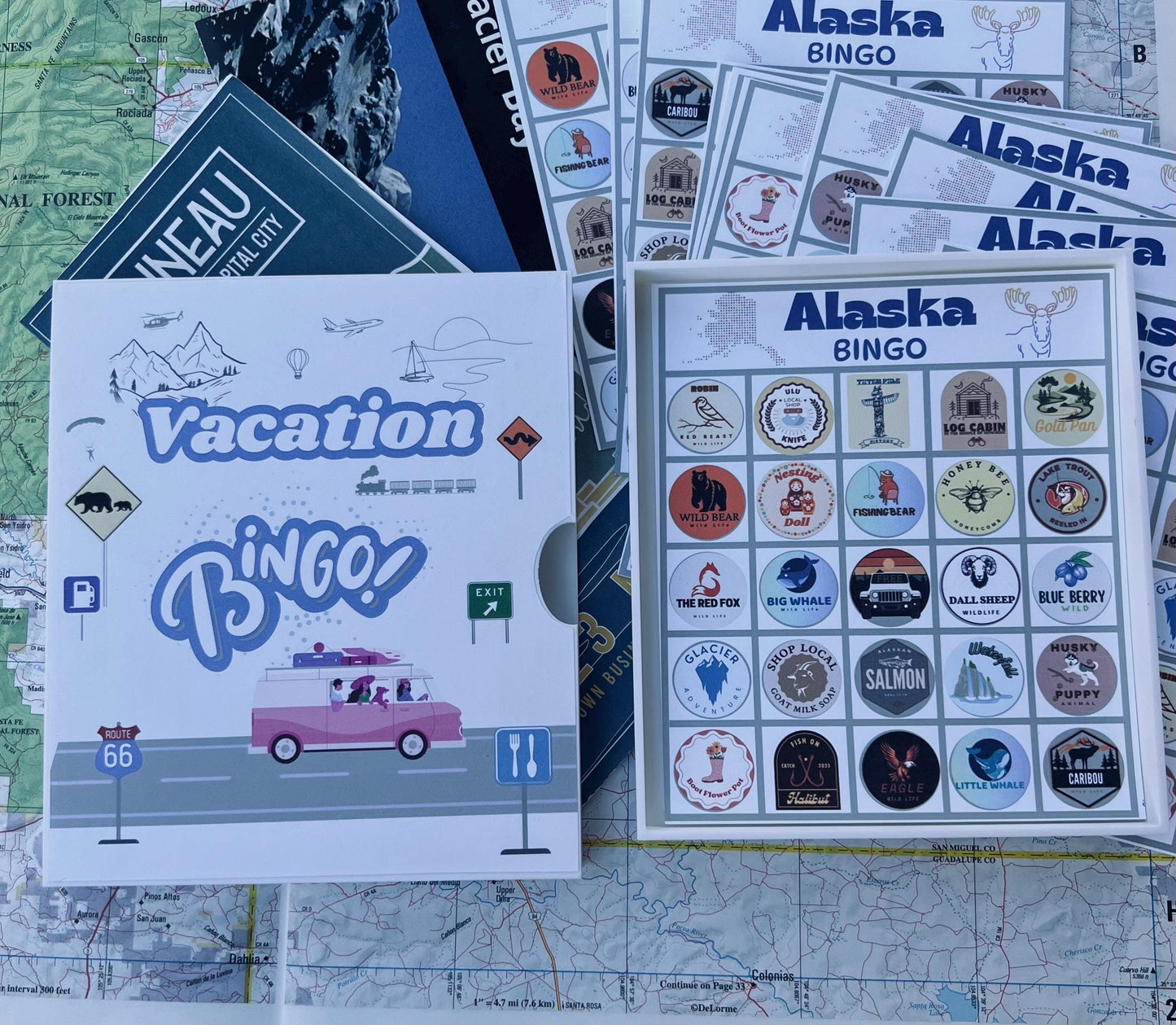 Vacation Bingo Travel Game Alaska edition with hard sided case and 12 unique game cards. Great Summer Family Vacation for Adults and Kids.
