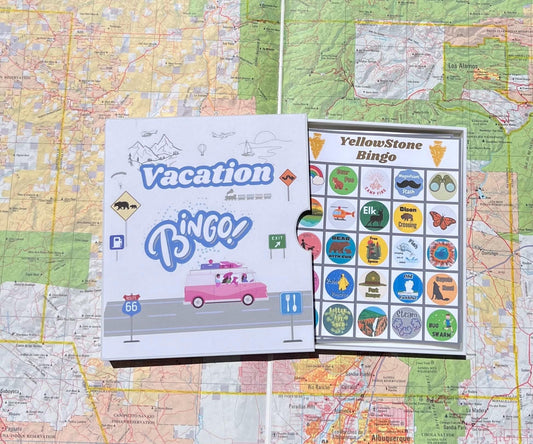 Vacation Bingo Travel Game Yellowstone edition with hard sided case and 12 unique game cards. Great Summer Family Vacation.