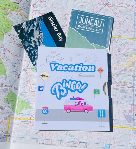 Vacation Bingo Travel Game Alaska edition with hard sided case and 12 unique game cards. Great Summer Family Vacation for Adults and Kids.