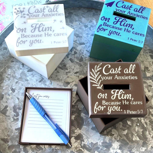 Cast Your Cares – Prayer Box: Write, release, and reflect. A beautiful way to surrender worries, trust in faith, and see God move.