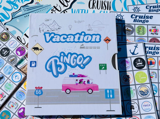 Vacation Bingo Travel Game Cruise edition with hard sided case and 12 unique game cards. Great Summer Family Vacation for Adults and Kids.