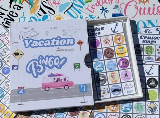 Vacation Bingo Travel Game Cruise edition with hard sided case and 12 unique game cards. Great Summer Family Vacation for Adults and Kids.